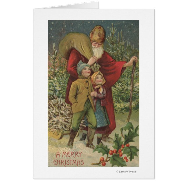 Cartão Saudações de NatalSanta Andando com Crianças (Frente)