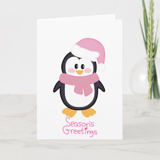 Cartão Saudações Pinguins de Natal Rosa (Frente)