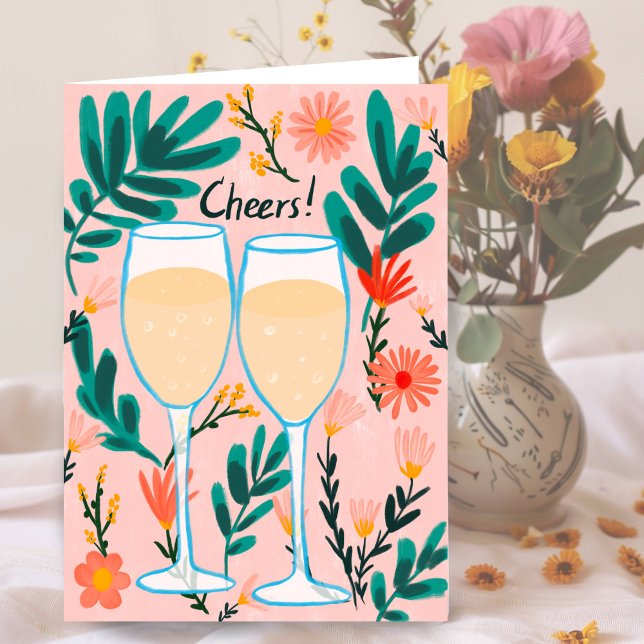 Cartão Saúde! Felicitações às Flores de Champanhe de Vinh (Cheers! Sparkling Wine Champagne Flowers Congrats Card Wedding Engagement Anniversary)