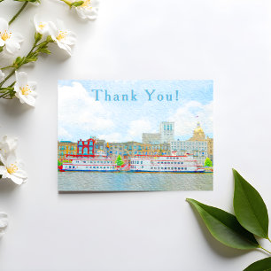 Cartão Savannah River Street Scenery Watercolor Obrigado