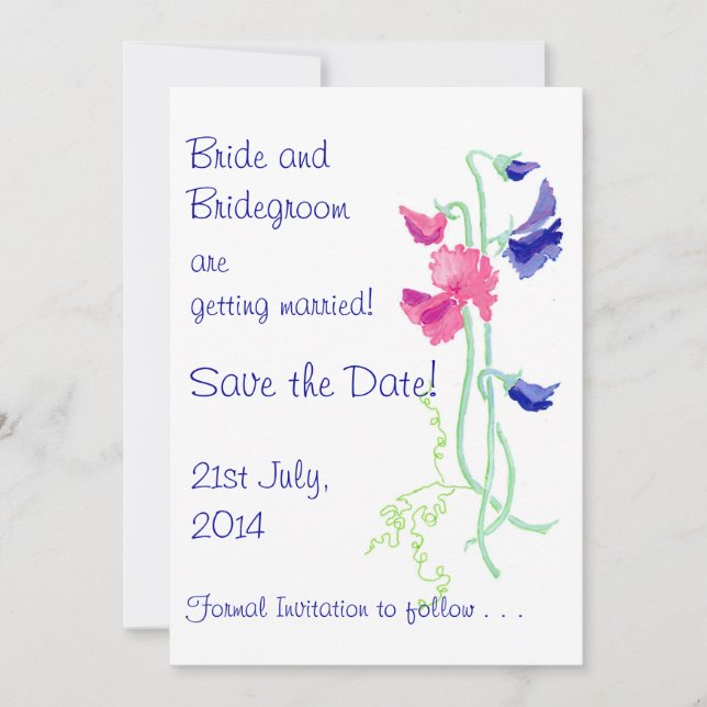 Cartão 'Save the Date' Rosa e Azul Sweet Pea (Frente)