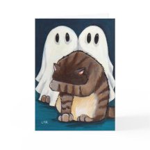 Scared Tabby Cat & Spooky Ghosts | Halloween Card