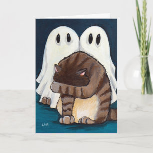 Cartão Scared Tabby Cat & Spooky Ghosts   Halloween Card