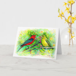 Cartão Scarlet Tanagers Watercolor Feliz Aniversário