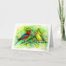 Cartão Scarlet Tanagers Watercolor Feliz Aniversário