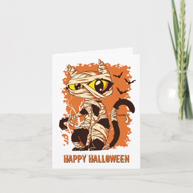 Cartão Scary Mummy Cat Happy Halloween (Frente)