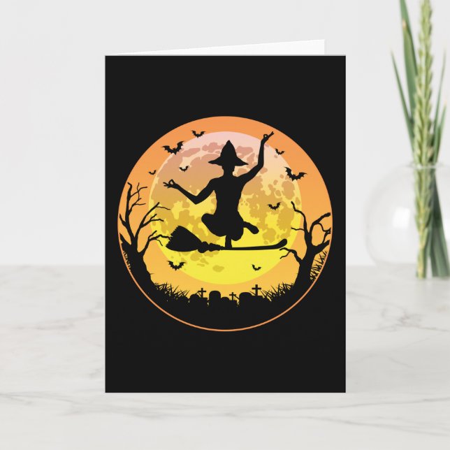 Cartão Scary Yoga Witch Creepy Moon Halloween Presente (Frente)
