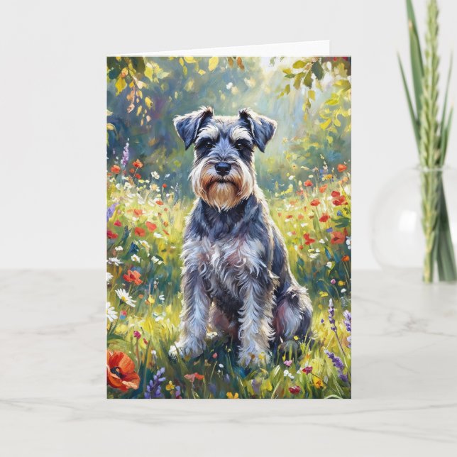 Cartão Schnauzer em Prado de Flores Silvestres (Frente)