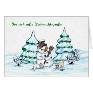 Cartão Schneemann mit Katze und Hundewelpe auf Deutsch
