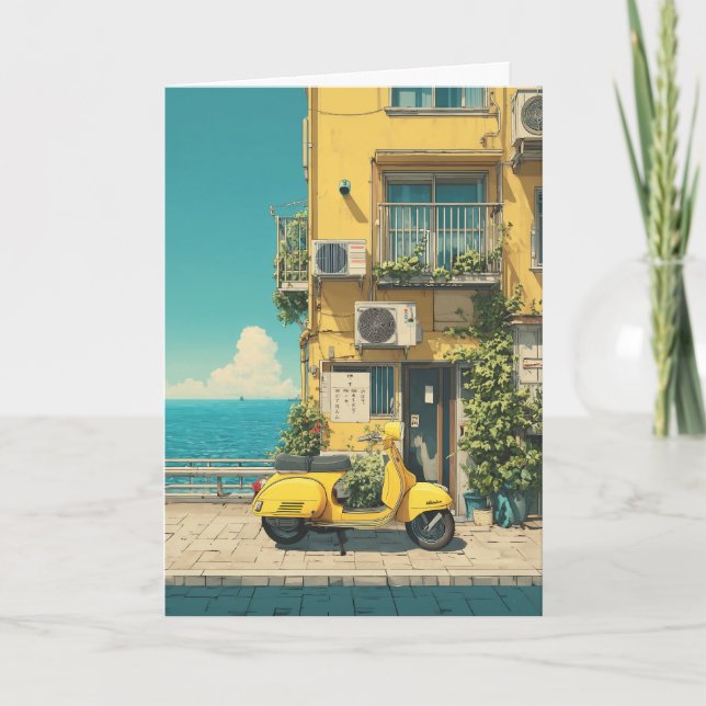 Cartão Scooter Amarelo à Beira-Mar (Frente)