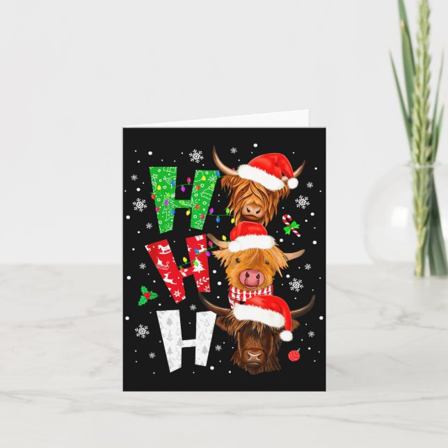 Cartão Scottish Highland Cow Print Ho Ho Ho Christmas Paj (Frente)