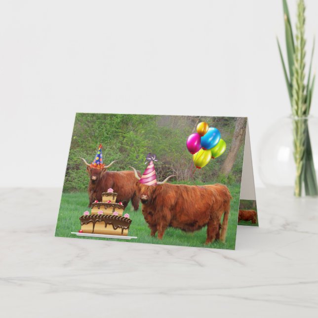 Cartão Scottish Highland Steer Party Birthday (Frente)