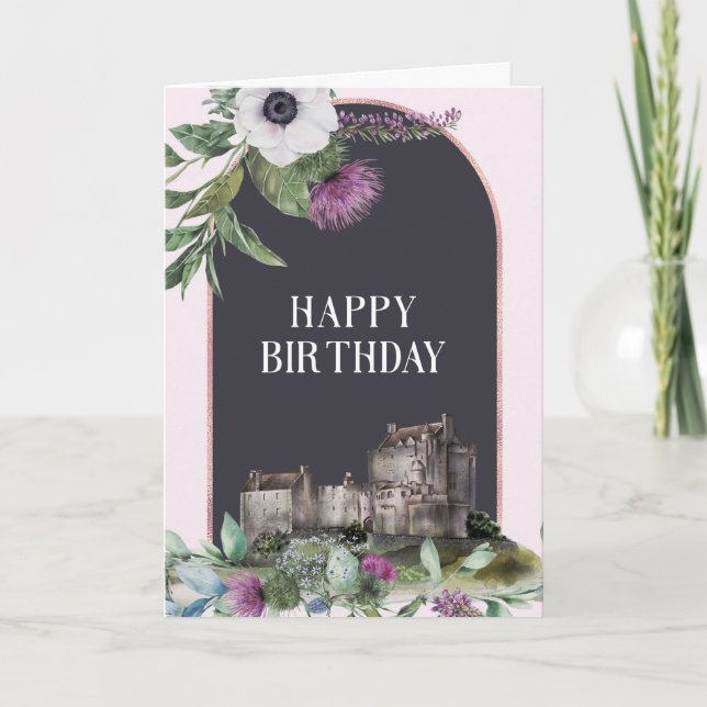 Cartão Scottish Purple Flowers Castle Birthday (Frente)