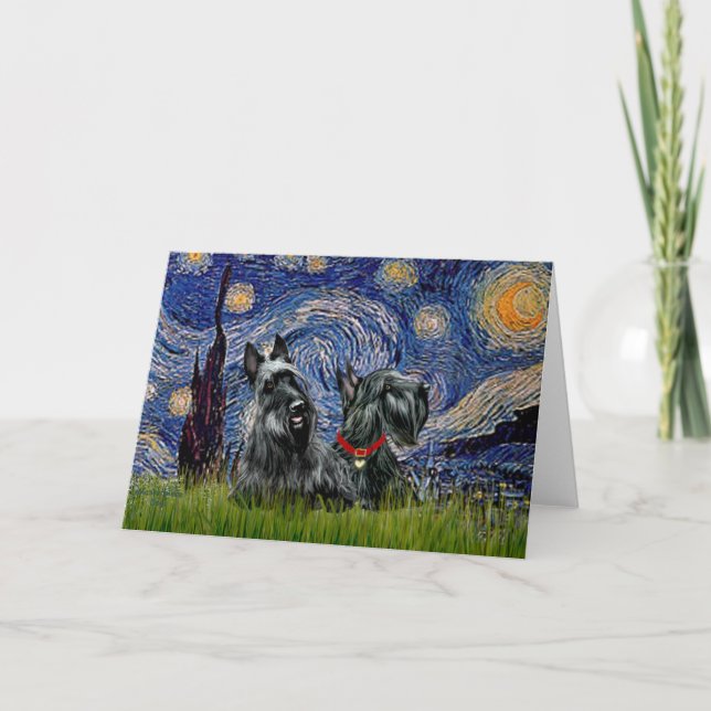 Cartão Scottish Terrier (dois negros) - Starry Night (Frente)