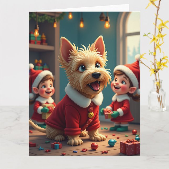 Cartão Scottish Terrier Helping Santa’s Elves Christmas (Flor Amarela)