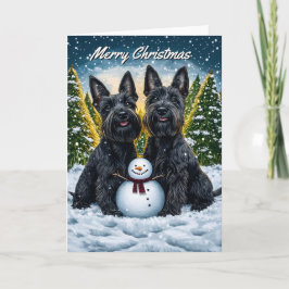 Cartão Scottish Terriers and Snowman Christmas