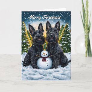 Cartão Scottish Terriers and Snowman Christmas