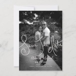 Cartão Script Escrito à Mão Save the Date Foto Preto e Br