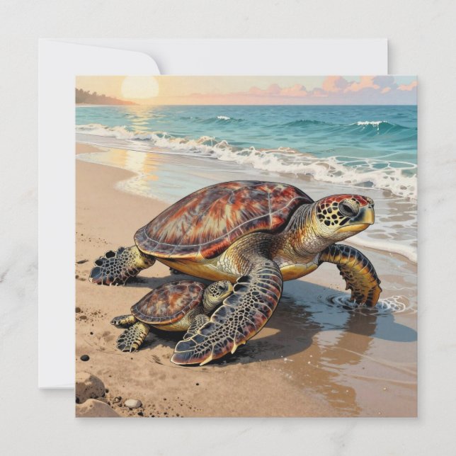 Cartão Sea Turtle and Baby Illustration | Blank (Frente)