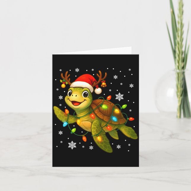 Cartão Sea Turtle Christmas Lights Funny Santa Hat Merry  (Frente)