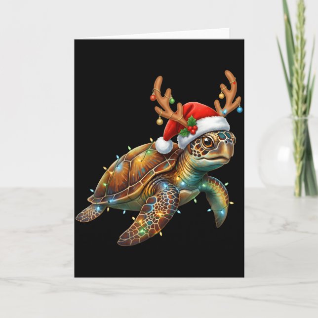 Cartão Sea Turtle Christmas Lights Santa Hat Merry Christ (Frente)