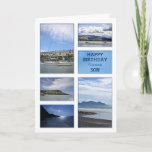 Cartão Seascapes birthday card for son<br><div class="desc">A birthday card for a wonderful son. A collection of seascapes and seaside images. Beaches and boats with beautiful scenery. A modern take on a traditional look. Inside the card is a lovely verse. Copyright Norma Cornes</div>