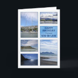 Cartão Seascapes birthday card for son-in-law<br><div class="desc">A birthday card for a wonderful son-in-law. A collection of seascapes and seaside images. Beaches and boats with beautiful scenery. A modern take on a traditional look. Inside the card is a lovely verse. Copyright Norma Cornes</div>