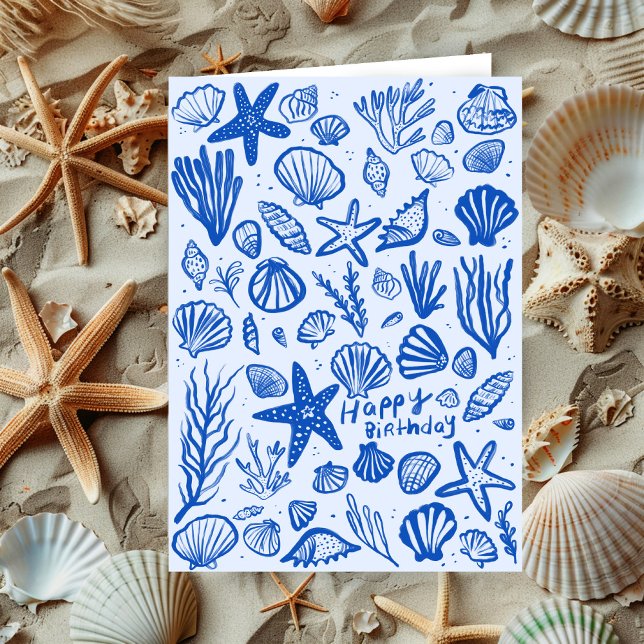 Cartão Seashells Beach Shells Ocean Happy Birthday (Seashells Beach Shells Ocean Happy Birthday Card Blue doodle sketch scribbles
)