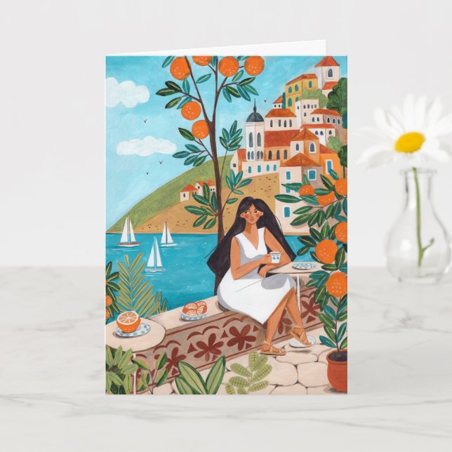 Cartão Seaside Café Woman Illustration Art Greeting Card (Planta pequena)