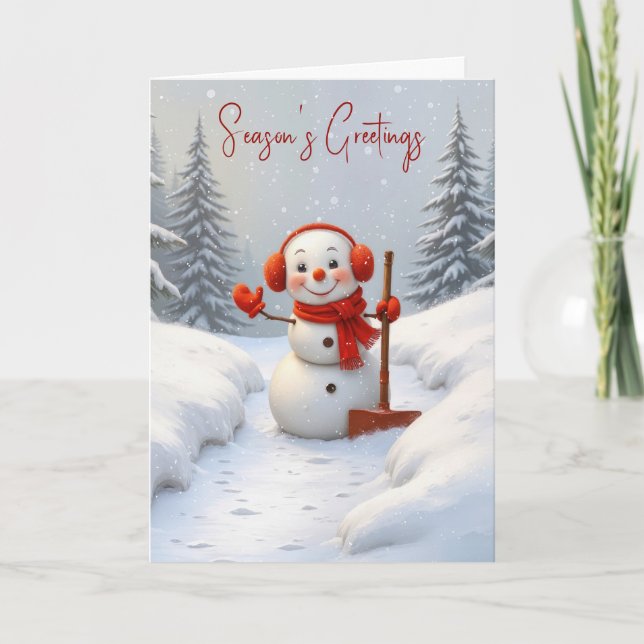 Cartão Season's Greetings Snowman with a Red Shovel (Frente)