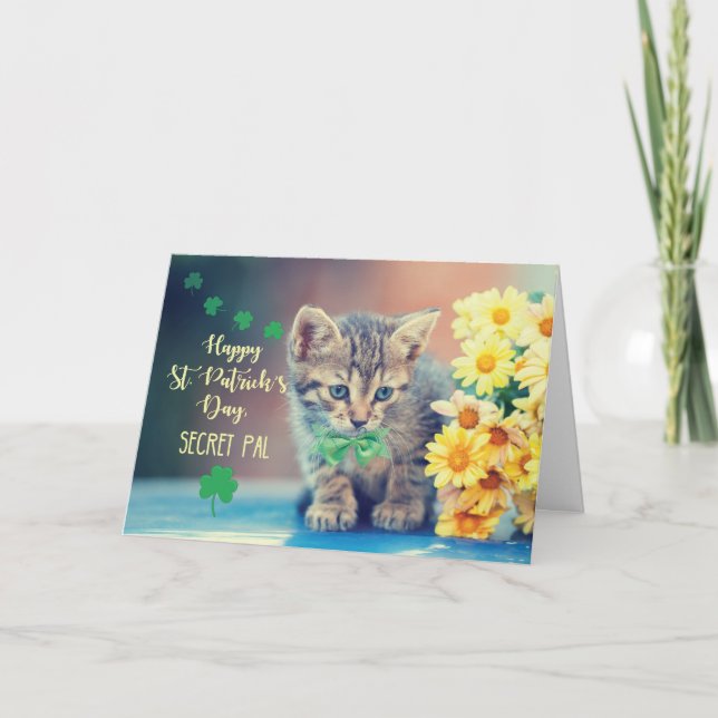 Cartão Secret Pal St. Patrick’s Day Kitten with Daisies (Frente)