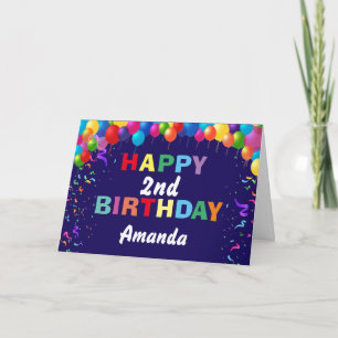 Cartão Segundo aniversário Feliz Balões Coloridos Marinho
