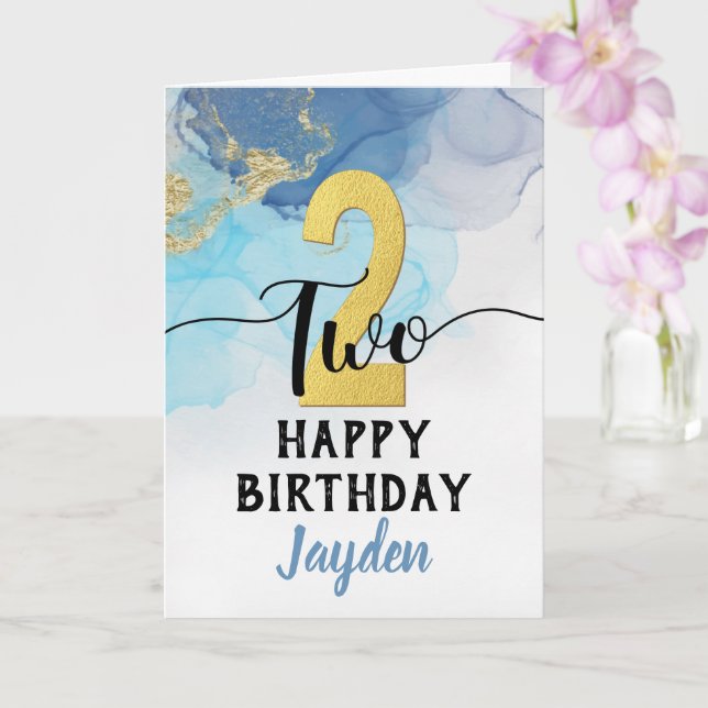Cartão Segundo aniversário feliz Blue Watercolor e Dourad (Orquídea)