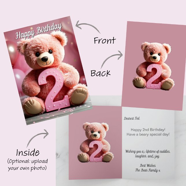 Cartão segundo aniversário Girl | Urso de Teddy Bonito e  (Girl Happy 2nd second Birthday card. Cream teddy bear holds number 2. pink party balloons)
