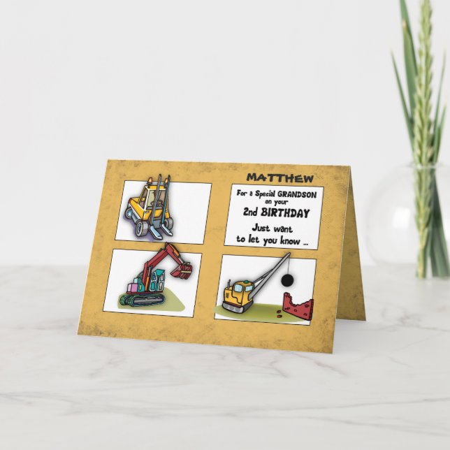 Cartão Segundo aniversário neto Personalizar Caminhões de (Frente)
