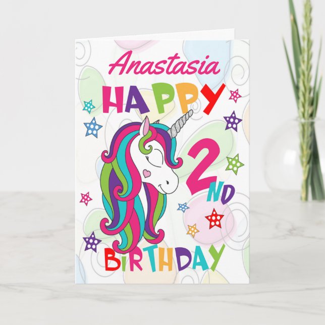 Cartão Segundo aniversário Unicorn Personalizado (Frente)