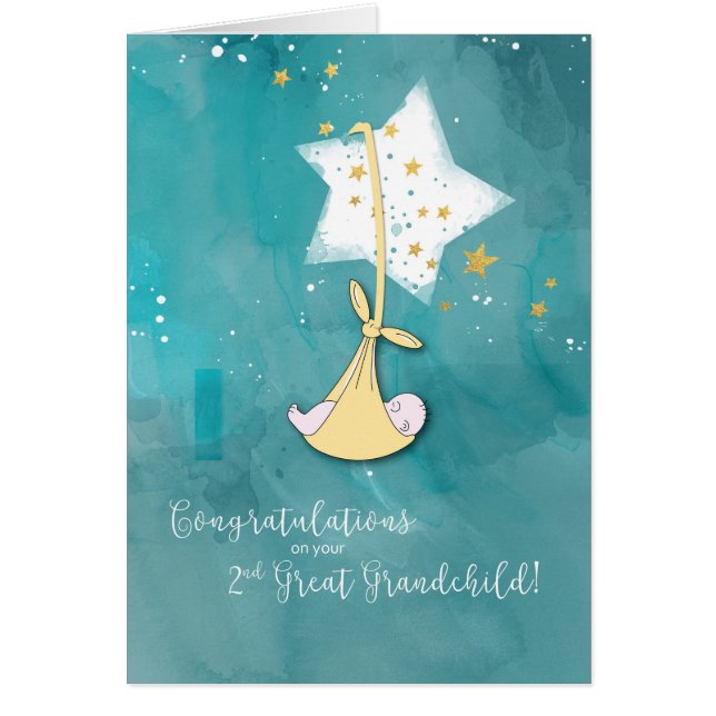 Cartão Segundo Excelente, Parabéns, bebê nas estrelas (Frente)