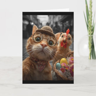 Cartão Selfie de Gato e Frango Ovos de Páscoa Engraçados 