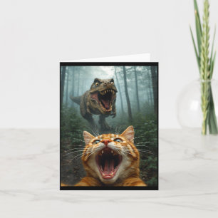 Cartão Selfie de Gato Laranja com T-Rex Dinossauro Homens