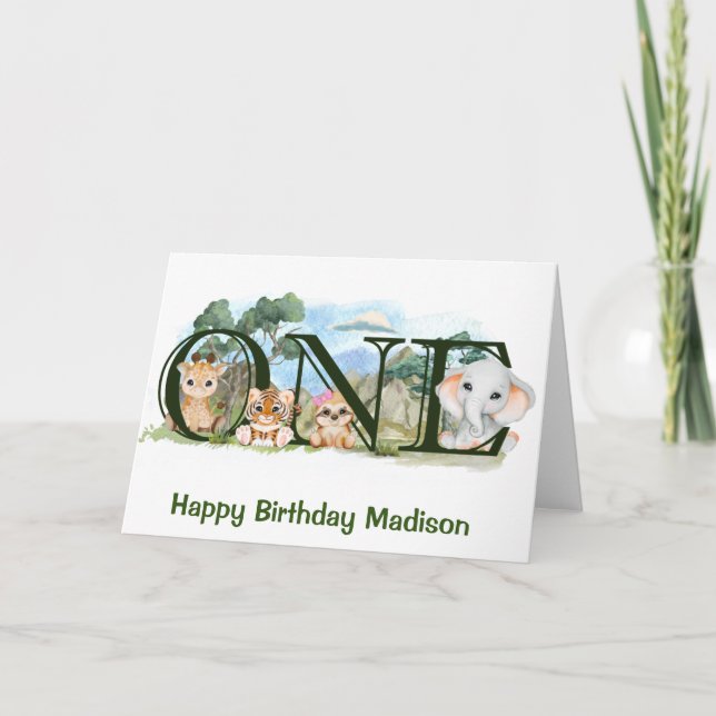 Cartão Selgle Safari Animais 1rua Primeiro Aniversário (Frente)