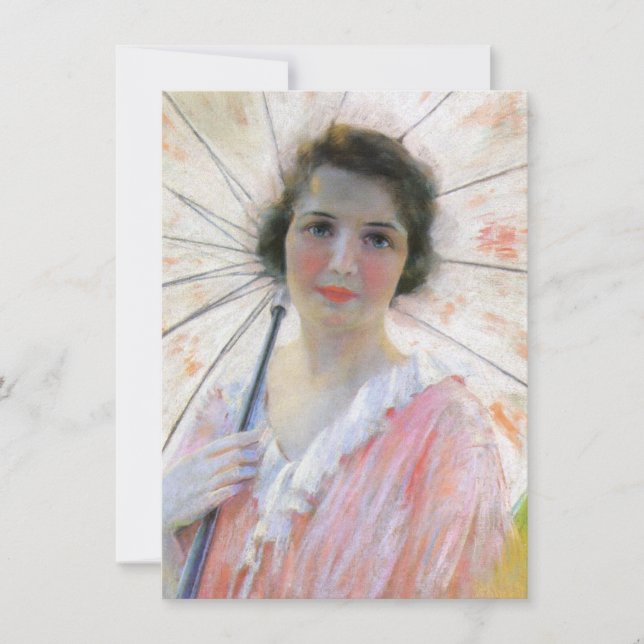 Cartão Senhora de vestido rosa com parasol (Robert Reid) (Frente)