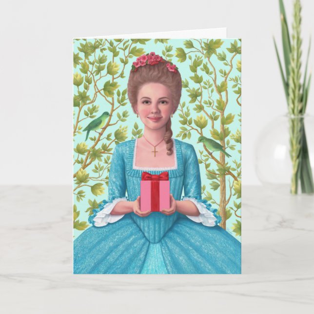 Cartão "Senhora do século XVIII segurando um presente." C (Frente)
