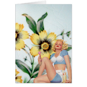 Cartão Senhora e Flores Amarelas Vintage
