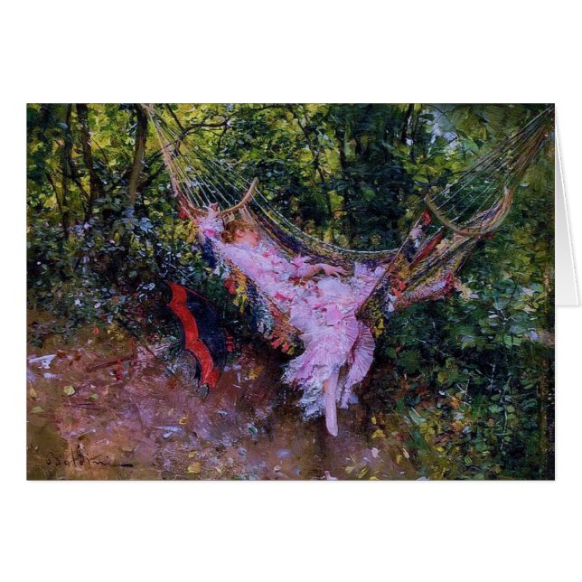 Cartão Senhora em Uma Hammock em Vestido Rosa (Frente Horizontal)