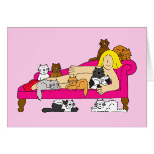 Cartão Senhora louca com gatos, desenhos animados do gato