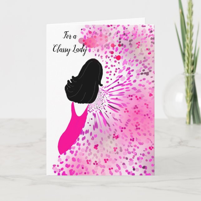 Cartão Senhora num vestido cor-de-rosa (Frente)
