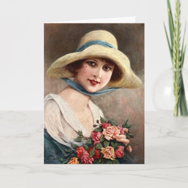 Cartão Senhora Vintage Com Buquê De Rosas (Frente)