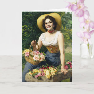 Cartão Senhora Vintage Com Uma Cesta De Rosas