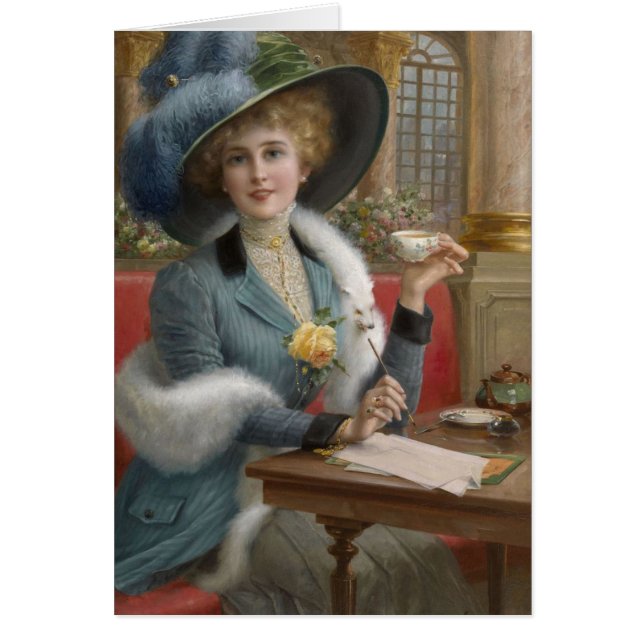 Cartão Senhora Vintage numa mesa de Escrevendo, (Frente)