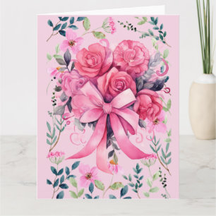 Cartão Sensibilização do Cancer de Fita Rosa com Flores